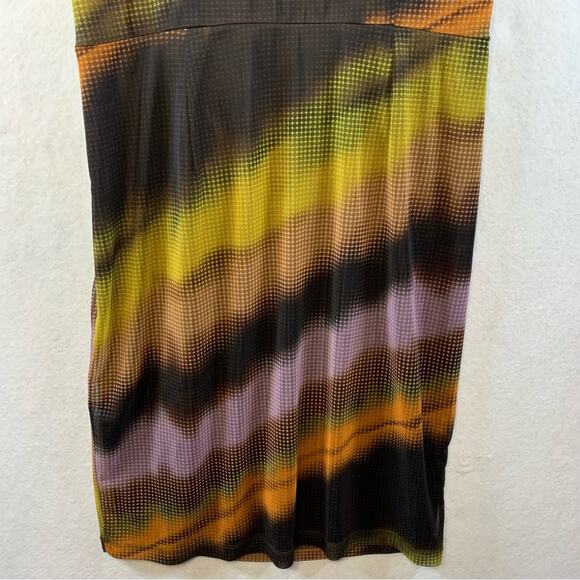 London Times Psychedelic Midi Dress Sz 14 Retro Disco Cyber Faux Wrap Office - Picture 9 of 16